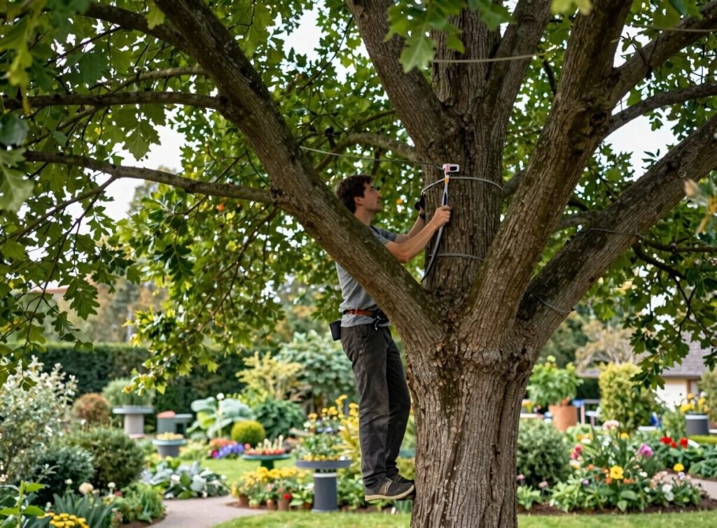 Baumpfleger beim Kronenschnitt an einem Laubbaum im Garten