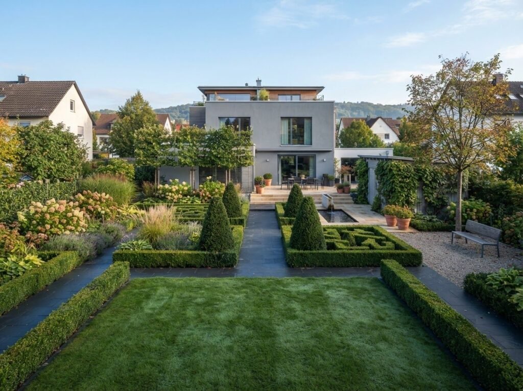 Gepflegter Garten mit Formschnitthecken und Rasenfläche an einem Wohnhaus in Stuttgart