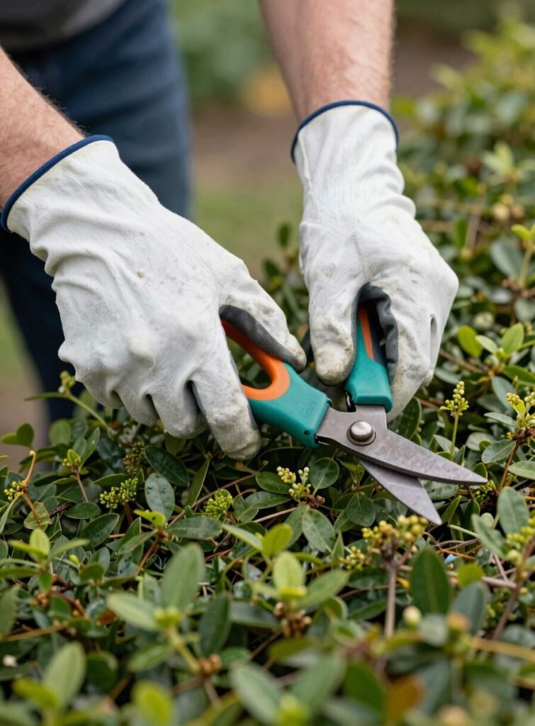 Gärtner schneidet eine Hecke mit der Heckenschere in einem Stuttgarter Garten